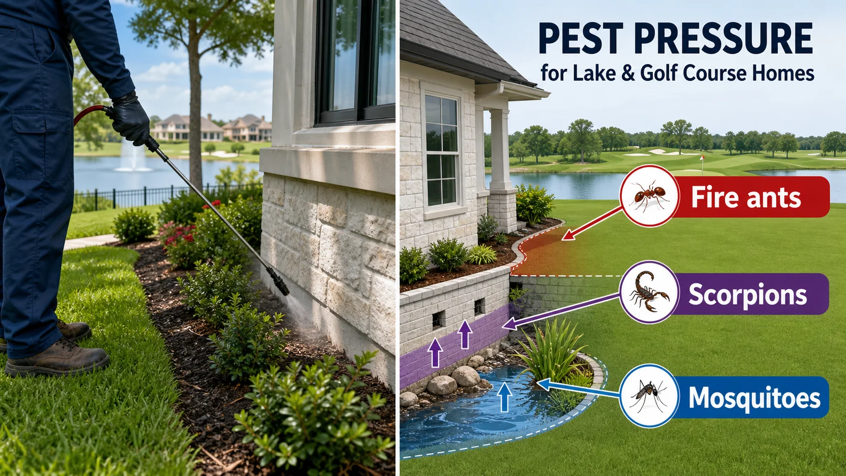 Educational diagram for pest control decordova showing Fire ants, Scorpions, Mosquitoes